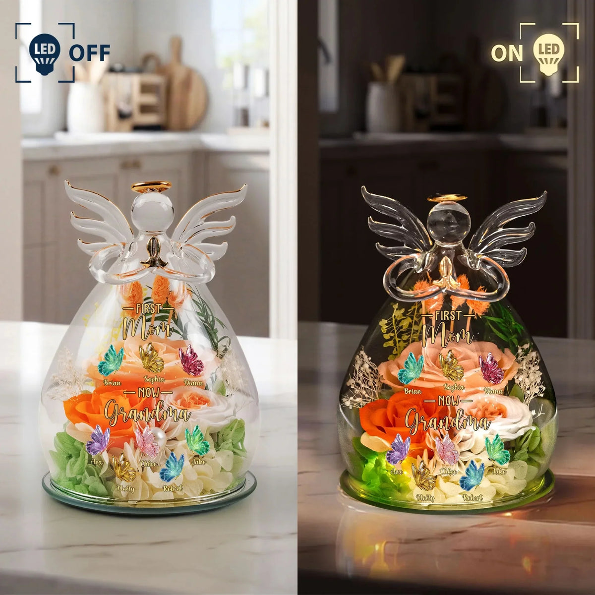 Personalized "First Mom, Now Grandma" Angel Figurine with Preserved Roses &amp; LED Light – Custom Mother&