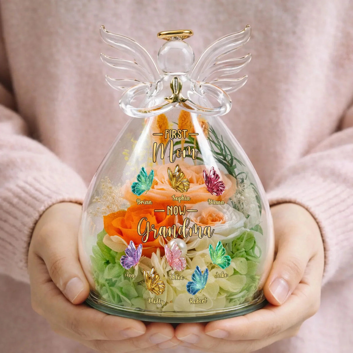Personalized "First Mom, Now Grandma" Angel Figurine with Preserved Roses & LED Light – Custom Mother's Gift