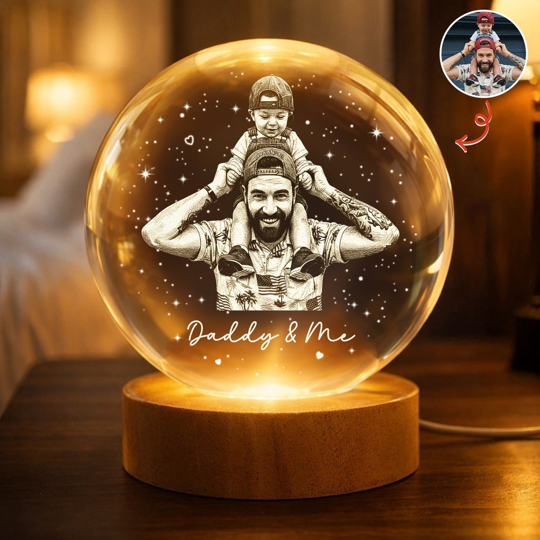 Personalized Crystal Ball Night Light - Custom Photo Gift for Dad, Father&