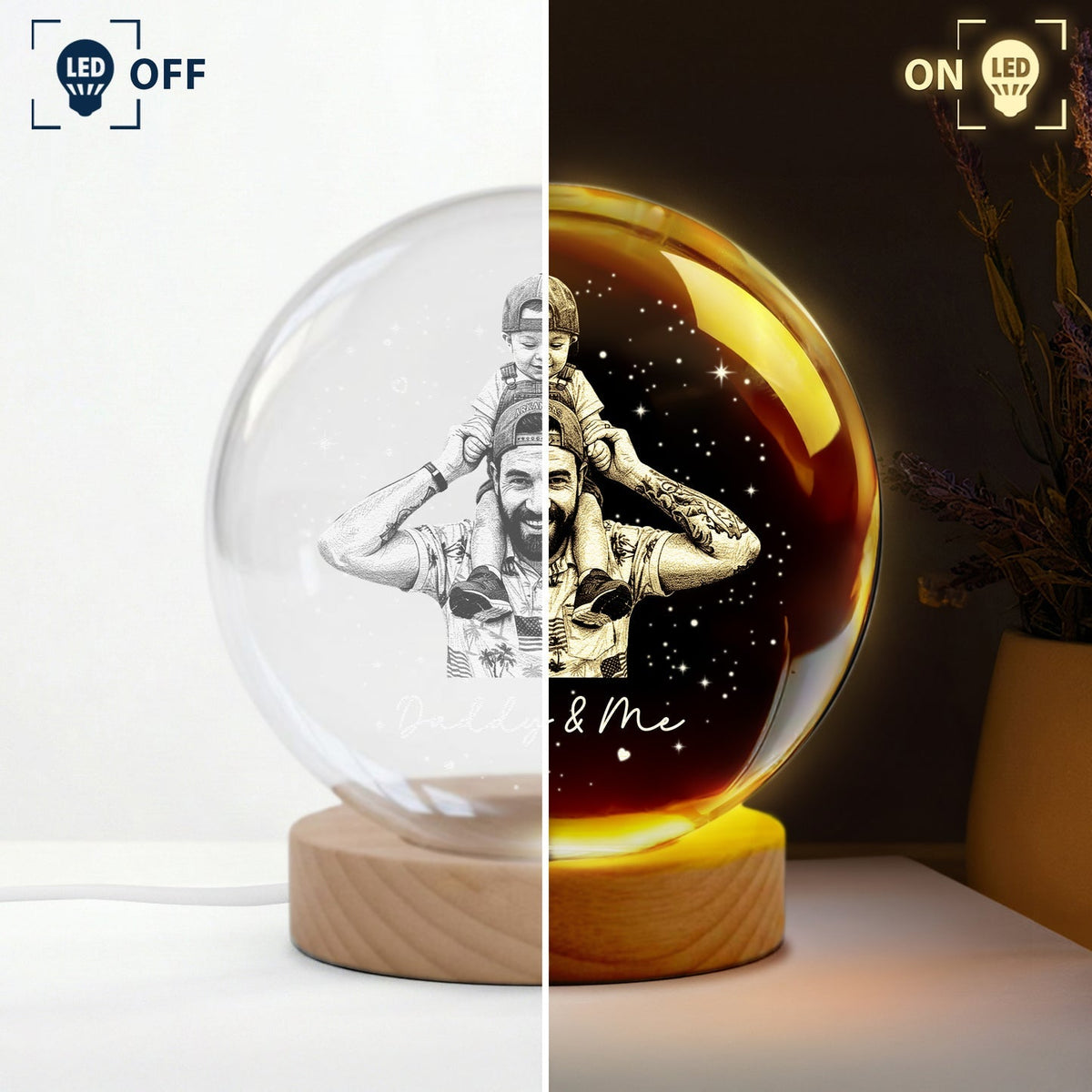 Personalized Crystal Ball Night Light - Custom Photo Gift for Dad, Father&