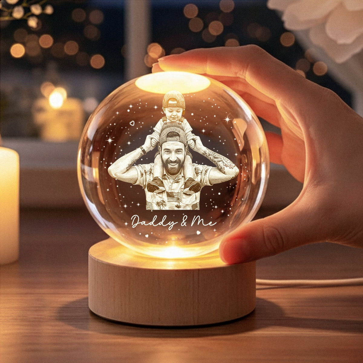 Personalized Crystal Ball Night Light - Custom Photo Gift for Dad, Father&