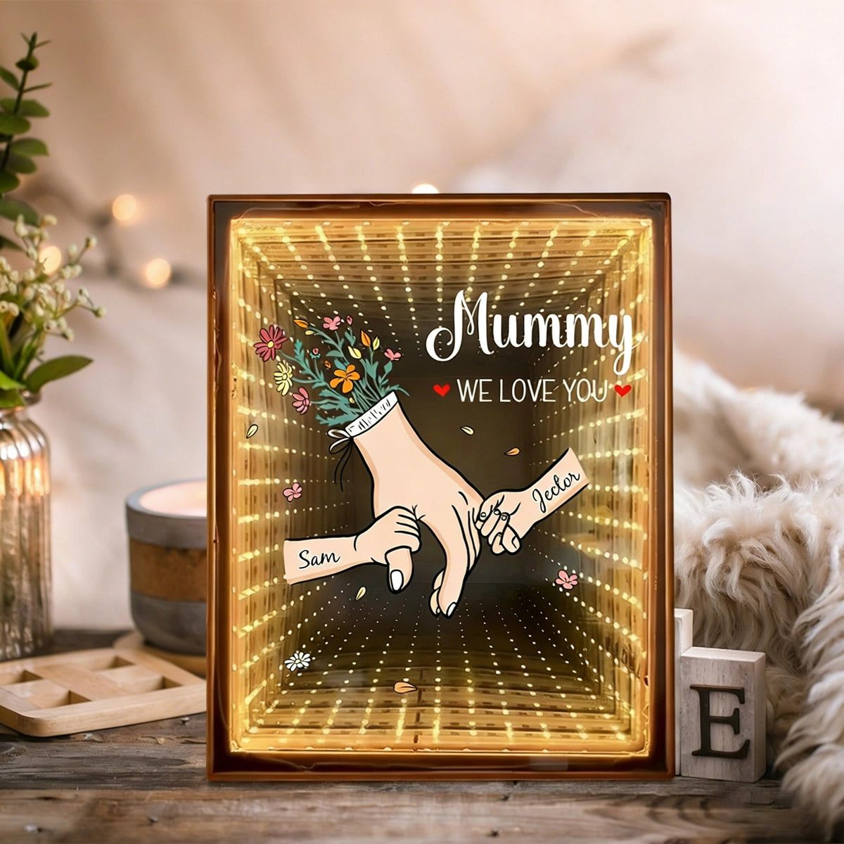 Custom Starry Mirror Lightbox – Personalized "We Love You" with Hand-in-Hand Moment