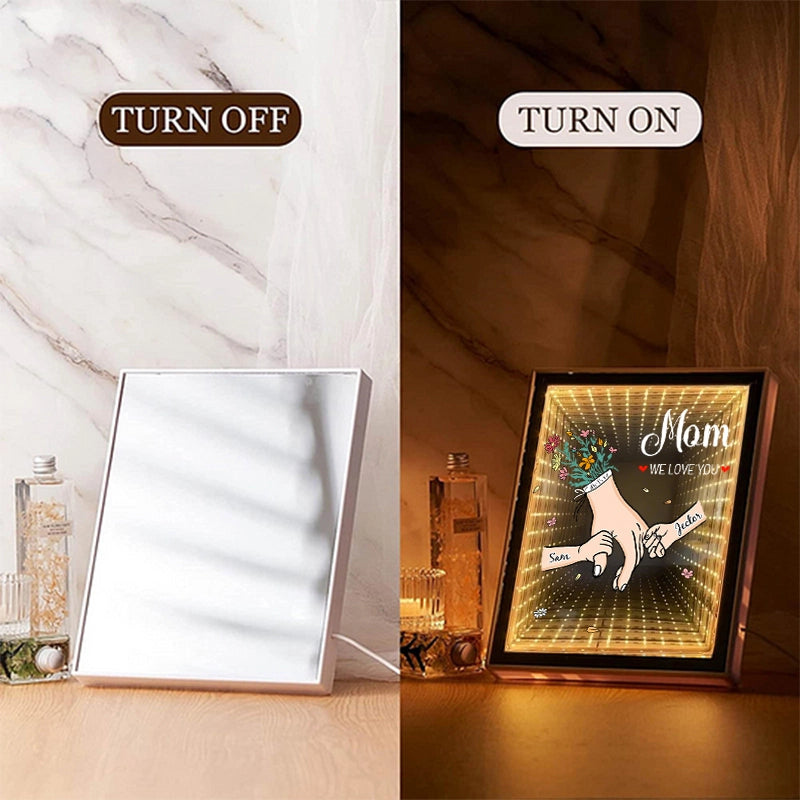 Custom Starry Mirror Lightbox – Personalized "We Love You" with Hand-in-Hand Moment