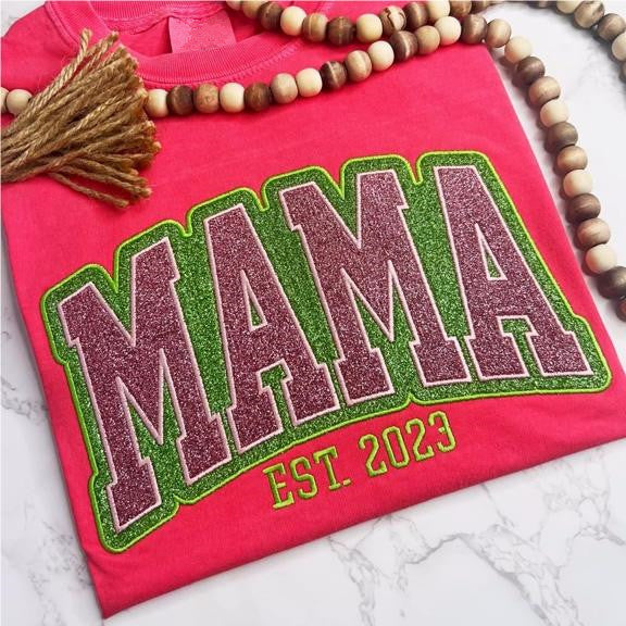 Custom Personalized Two Color Glitter Embroidered Mom T-Shirt | With Kids Names On Sleeve | Gift for Mom &amp; Grandma