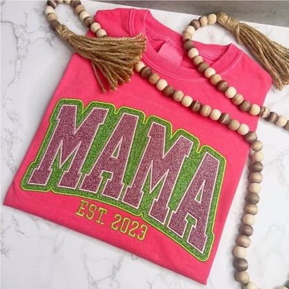 Custom Personalized Two Color Glitter Embroidered Mom T-Shirt | With Kids Names On Sleeve | Gift for Mom &amp; Grandma