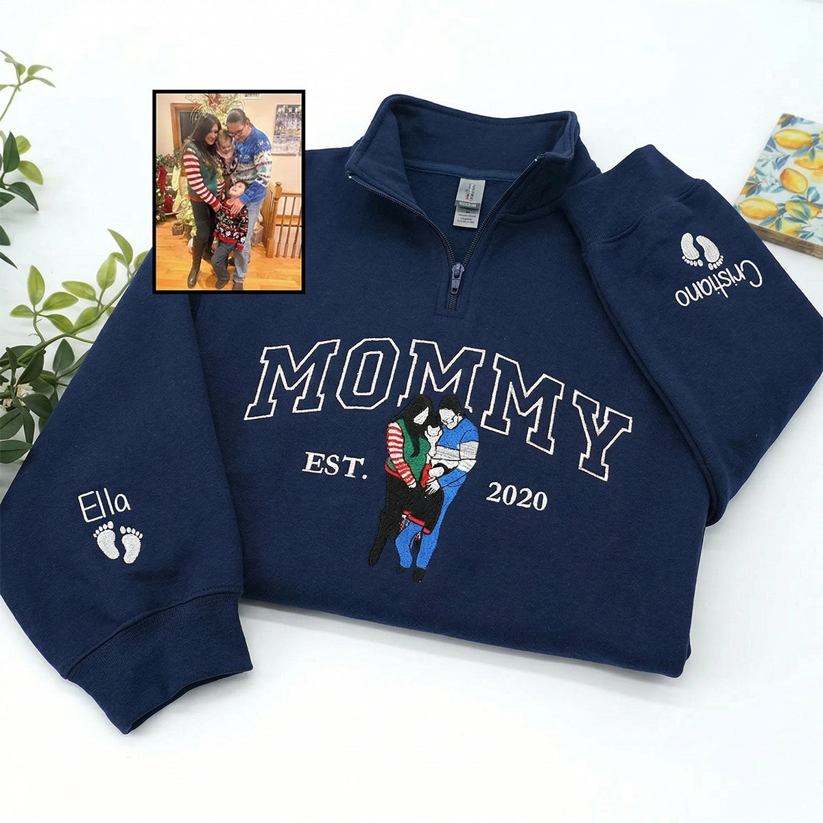 Custom Mama Sweatshirt with Photo - Personalized Embroidered Quarter Zip Pullover | Mother&