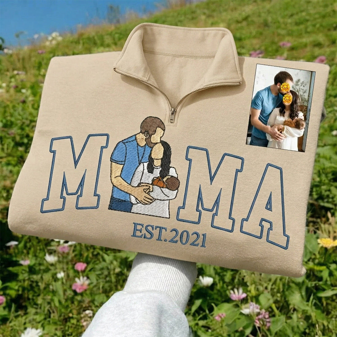 Custom Embroidered Quarter Zip Sweatshirt with Mama and Kids Portrait | Mother&