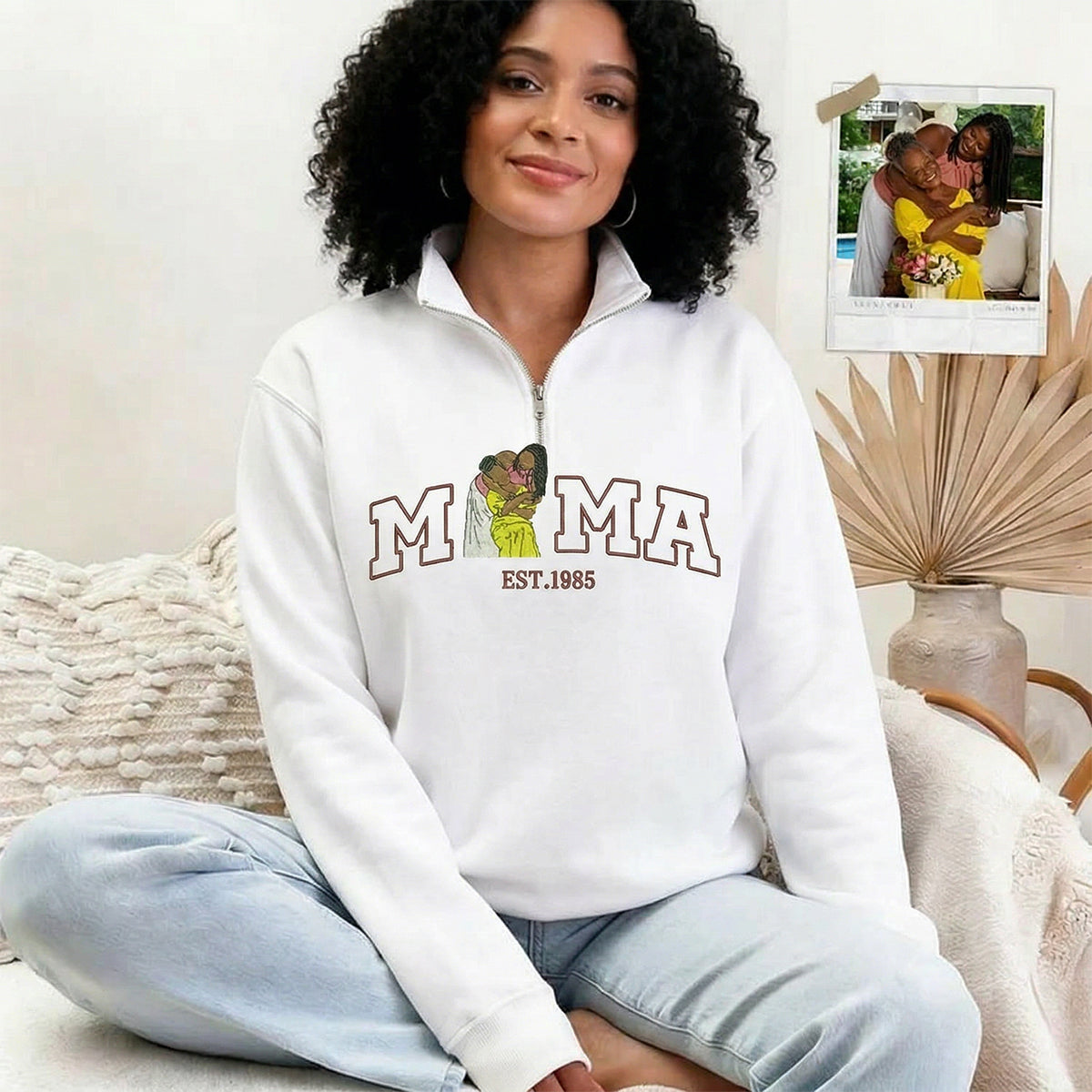 Custom Embroidered Quarter Zip Sweatshirt with Mama and Kids Portrait | Mother&