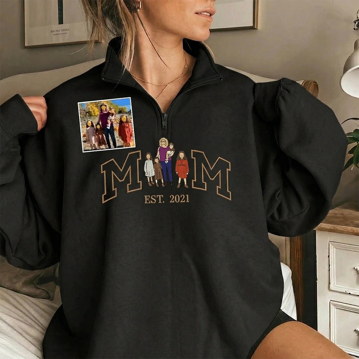 Custom Embroidered Quarter Zip Sweatshirt with Mama and Kids Portrait | Mother&
