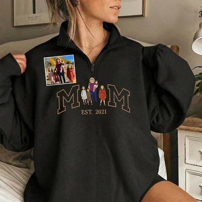 Custom Embroidered Quarter Zip Sweatshirt with Mama and Kids Portrait | Mother&