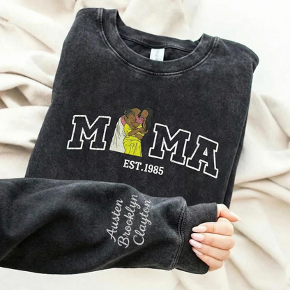 Vintage Washed Custom Embroidered Mum &amp; Kids Portrait Sweatshirt-Mother&