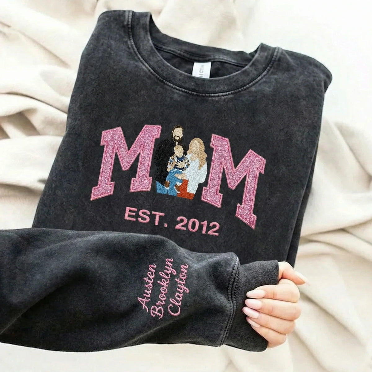 Customize Mom’s Glitter Washed Sweatshirt with Photo – Vintage Wash Clothes, Personalized Mother’s Day Gift