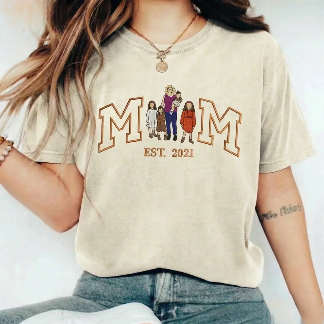 Vintage Washed Custom Embroidered Mum &amp; Kids Portrait Sweatshirt-Mother&