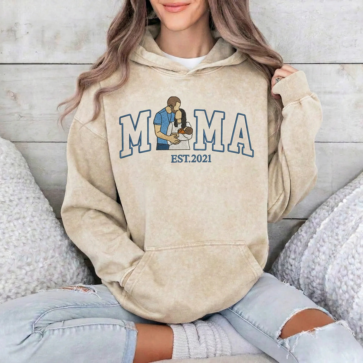 Vintage Washed Custom Embroidered Mum &amp; Kids Portrait Sweatshirt-Mother&