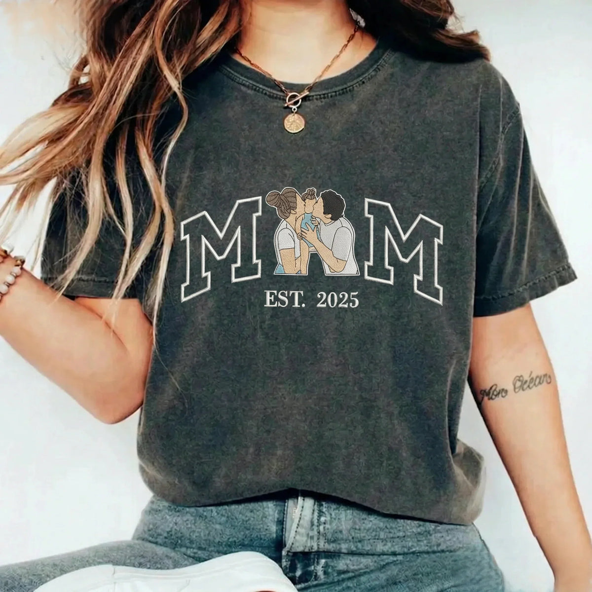 Vintage Washed Custom Embroidered Mum &amp; Kids Portrait Sweatshirt-Mother&