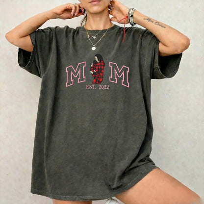 Vintage Washed Custom Embroidered Mum &amp; Kids Portrait Sweatshirt-Mother&