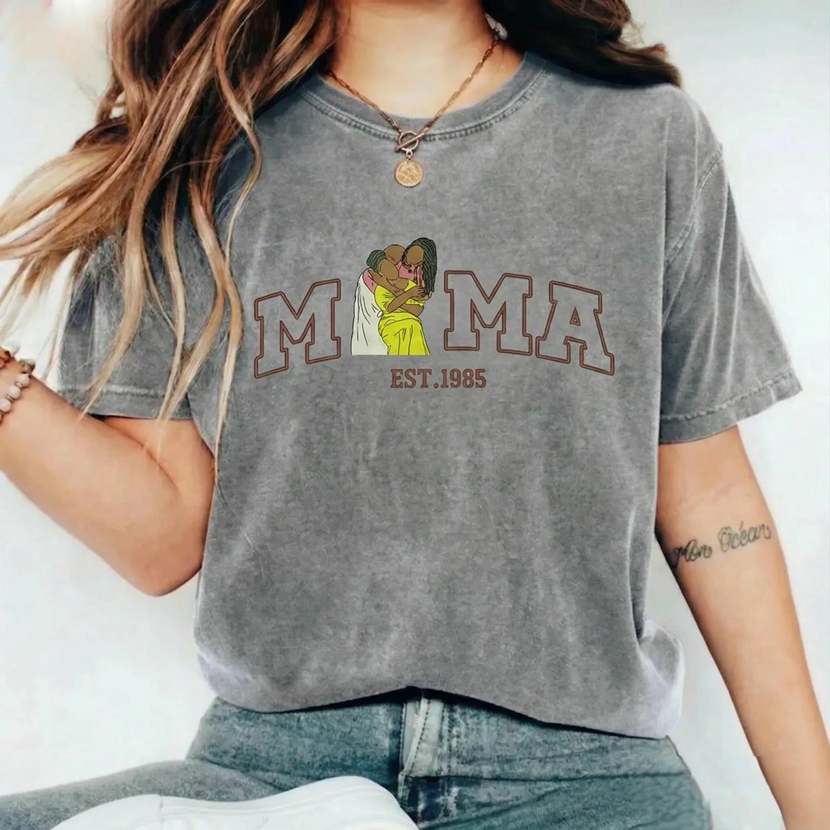 Vintage Washed Custom Embroidered Mum &amp; Kids Portrait Sweatshirt-Mother&