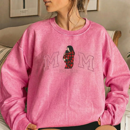 Vintage Washed Custom Embroidered Mum &amp; Kids Portrait Sweatshirt-Mother&