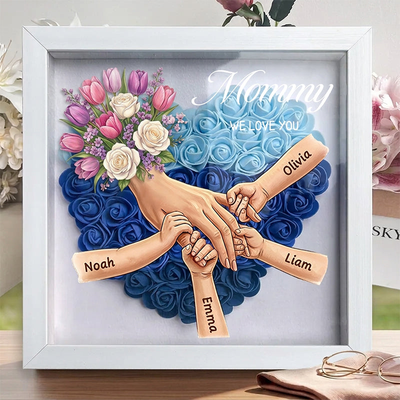 "Tulips &amp; White Roses"-Personalized Mom Holding Hands Flower Shadow Box-Mother&