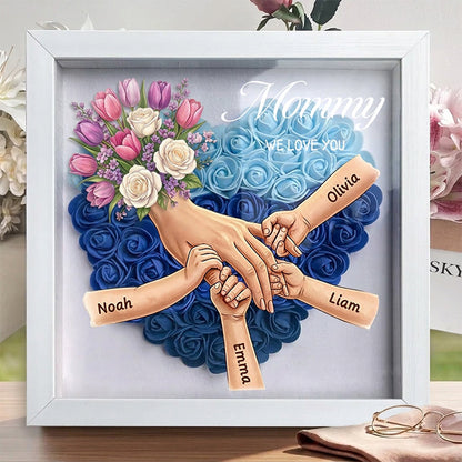 "Tulips &amp; White Roses"-Personalized Mom Holding Hands Flower Shadow Box-Mother&