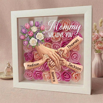 "Tulips &amp; White Roses"-Personalized Mom Holding Hands Flower Shadow Box-Mother&