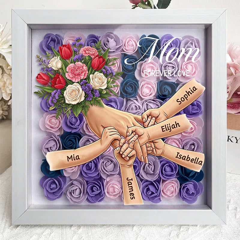 "Tulips, White Roses, and Carnations"-Personalized Mom Holding Hands Flower Shadow Box-Mother&