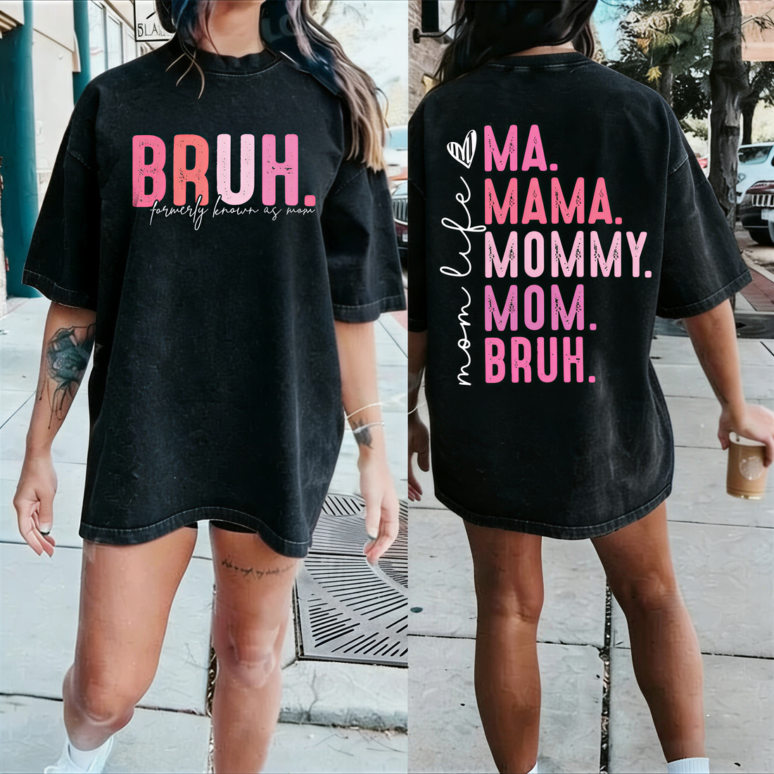 Vintage Wash “BRUH” Mom Graphic Tee – Retro Washed Cotton T-Shirt, Front &amp; Back Print