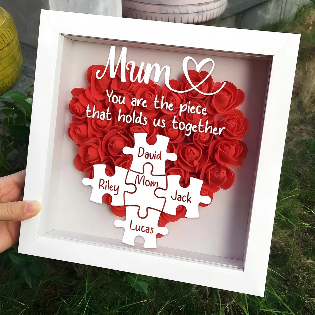 Custom Mom Puzzle With Kids Names Heart Flower Shadow Box, Birthday Mom Gift, Mum Gift, Mother&