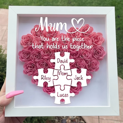 Custom Mom Puzzle With Kids Names Heart Flower Shadow Box, Birthday Mom Gift, Mum Gift, Mother&