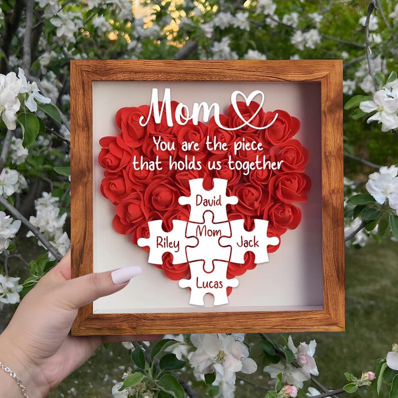 Custom Mom Puzzle With Kids Names Heart Flower Shadow Box, Birthday Mom Gift, Mum Gift, Mother&