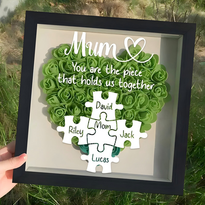 Custom Mom Puzzle With Kids Names Heart Flower Shadow Box, Birthday Mom Gift, Mum Gift, Mother&
