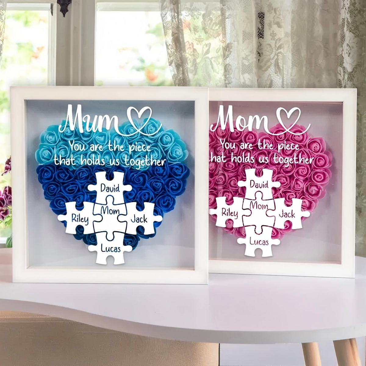 Custom Mom Puzzle With Kids Names Heart Flower Shadow Box, Birthday Mom Gift, Mum Gift, Mother&