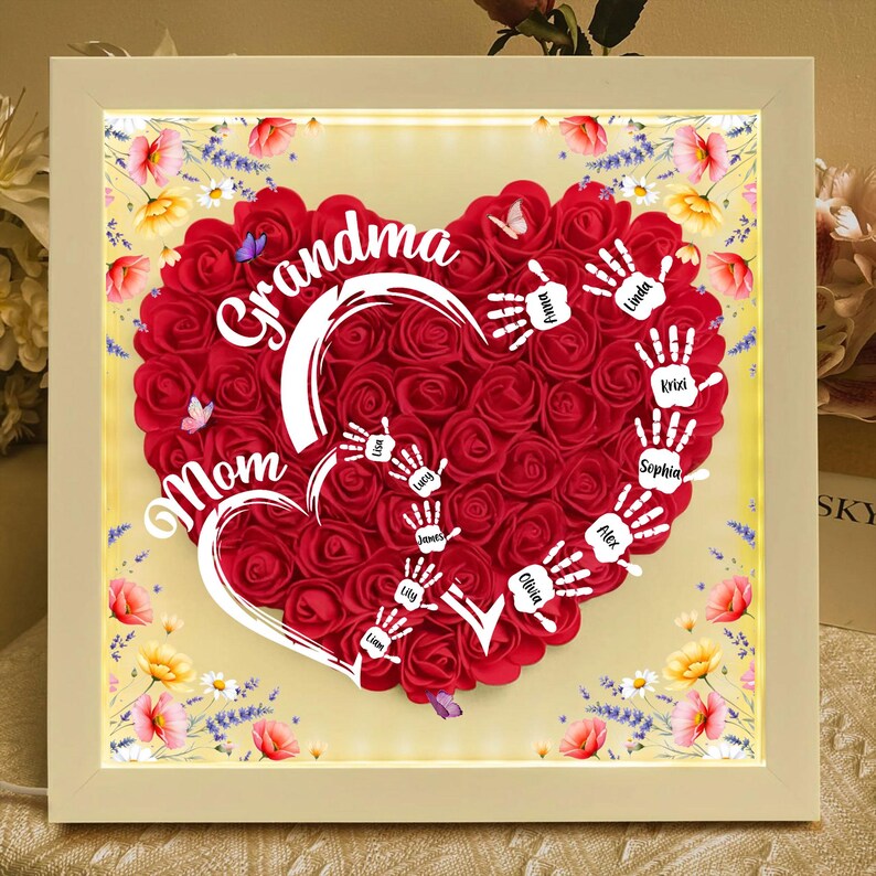 Customized Led Night Light Flower Shadow Box For Mom And Grandma, With Children&