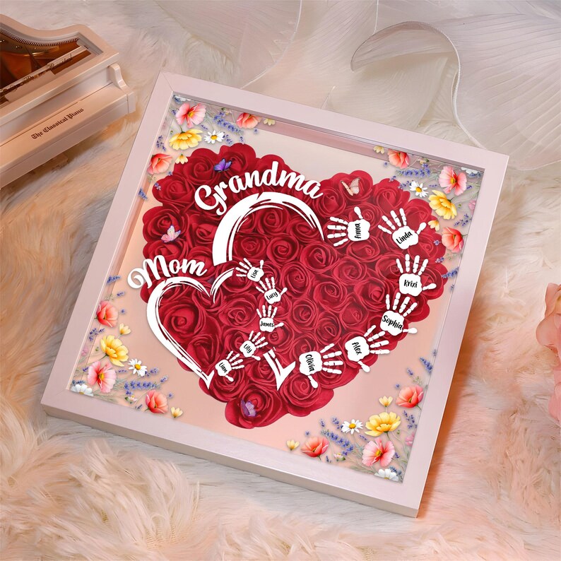 Customized Led Night Light Flower Shadow Box For Mom And Grandma, With Children&