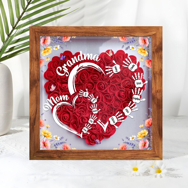 Customized Led Night Light Flower Shadow Box For Mom And Grandma, With Children&