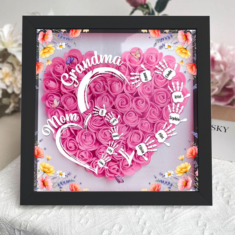 Customized Led Night Light Flower Shadow Box For Mom And Grandma, With Children&