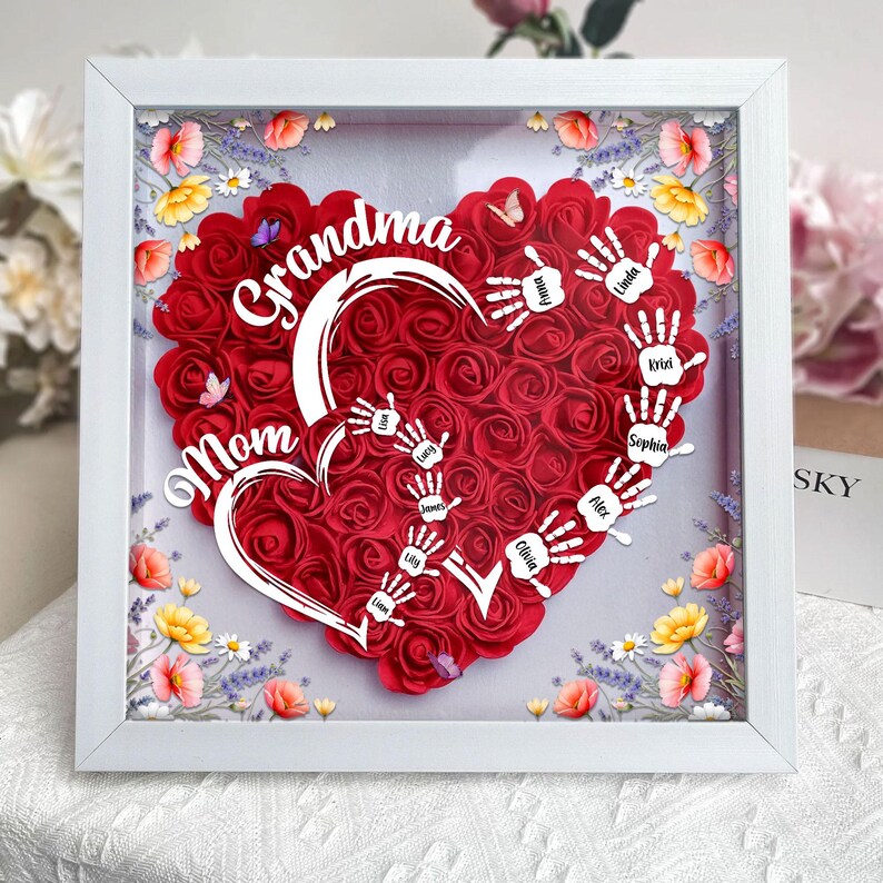 Customized Led Night Light Flower Shadow Box For Mom And Grandma, With Children&