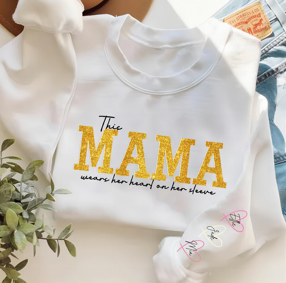 Personalized Wear Heart On Sleeve Mama Sweatshirt with Kid Names on Sleeves Mother&