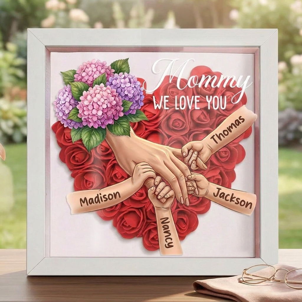"Hydrangea"-Personalized Mom Holding Hands Flower Shadow Box-Mother&