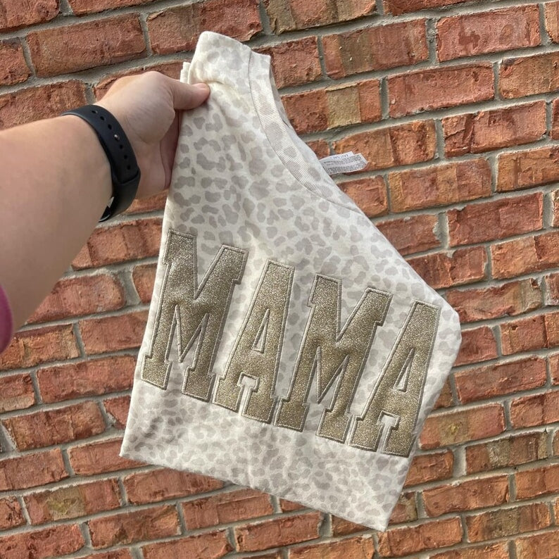 Custom Embroidered Leopard Mama Shirt Black Glitter Monochromatic Tee Mothers Day Gift for Mom