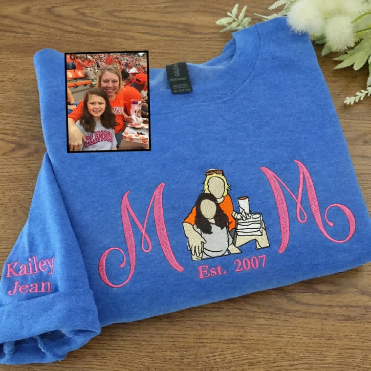 Custom Embroidered Mom Sweatshirt with Mom Kids Portrait | Mother&