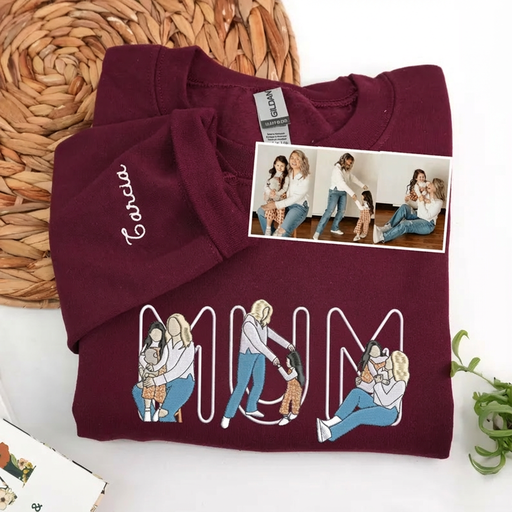 Custom Embroidered Portrait Mum &amp; Kids Letter Design Sweatshirt | Mother&