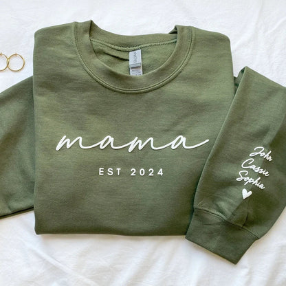 Custom Puff Print Sweatshirt Est Year with Kids Names on Sleeve | for Mama and Grandma Gift