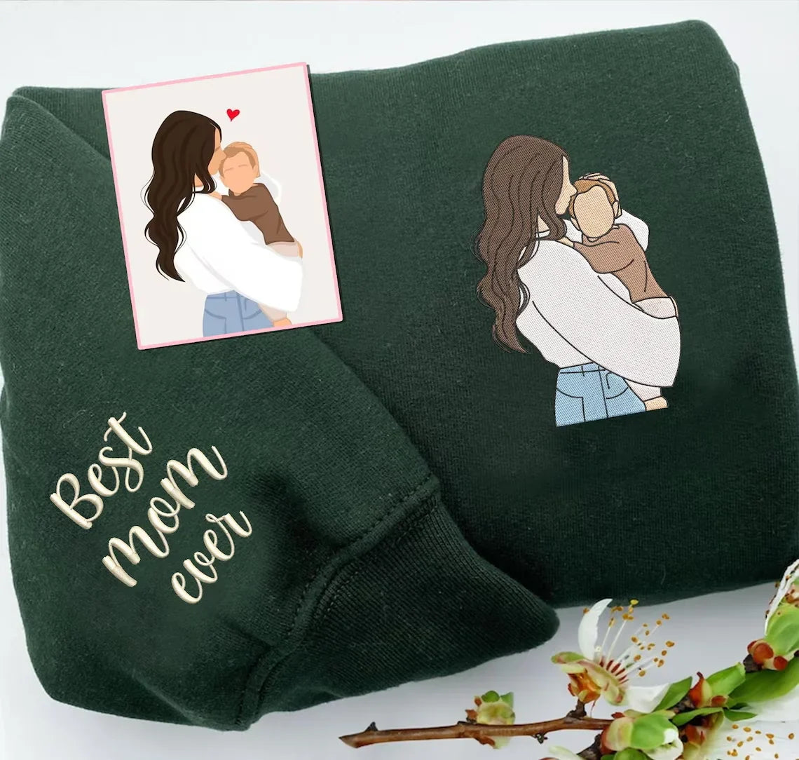 Custom Embroidered Photo Portrait T-shirt Hoodie For Mom - Unique Mother&