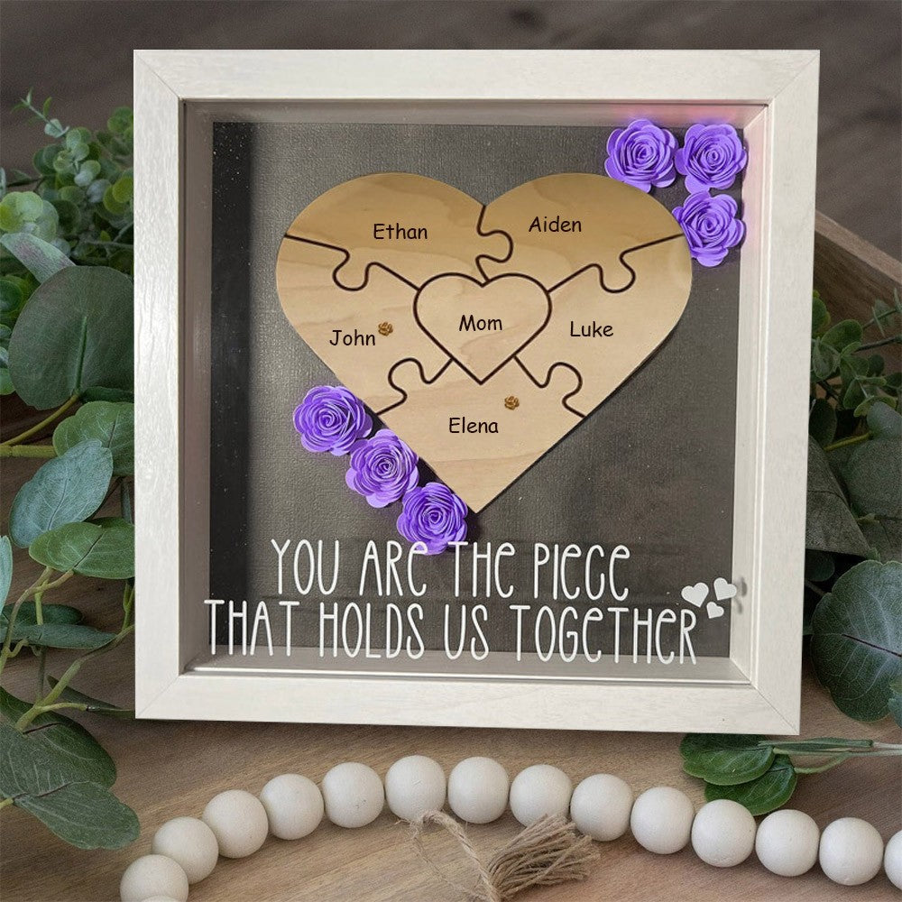 Personalized Mom Flower Shadow Box Heart Name Puzzle Piece For Mother&