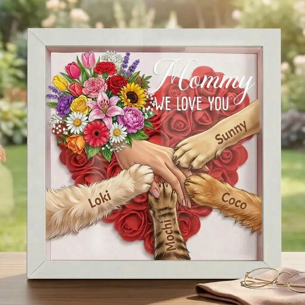 "Mixed Bouquet"-Personalized Pet Paw &amp; Human Hand Holding Shadow Box-Mother&
