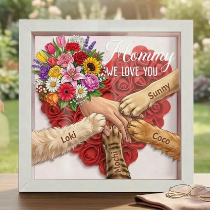 "Mixed Bouquet"-Personalized Pet Paw &amp; Human Hand Holding Shadow Box-Mother&