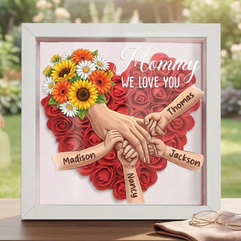 "sunflower"-Personalized Mom Holding Hands Memorial Shadow Box-Mother&
