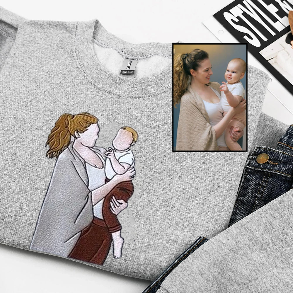 Custom Embroidered Photo Portrait T-shirt Hoodie For Mom - Unique Mother&