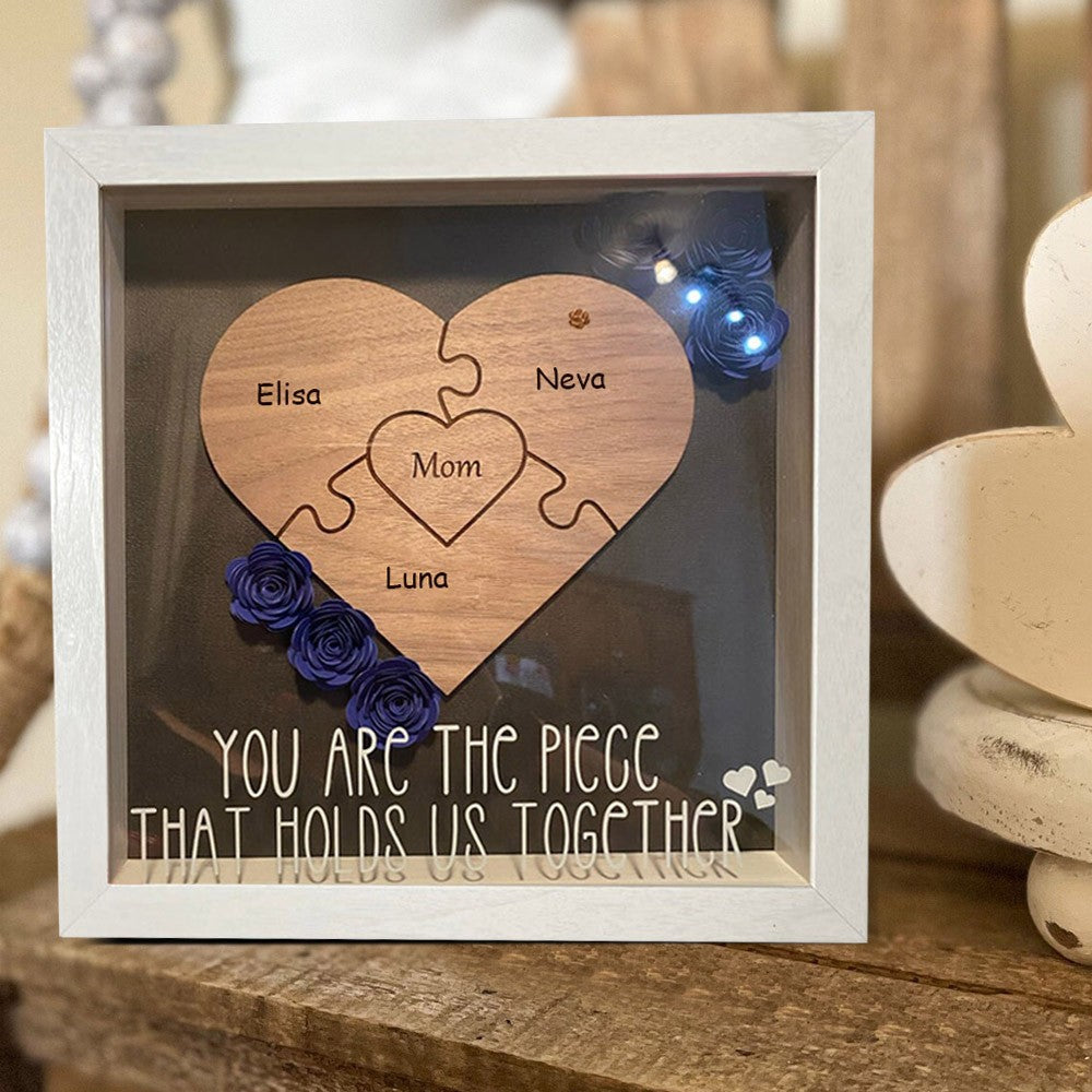 Personalized Mom Flower Shadow Box Heart Name Puzzle Piece For Mother&